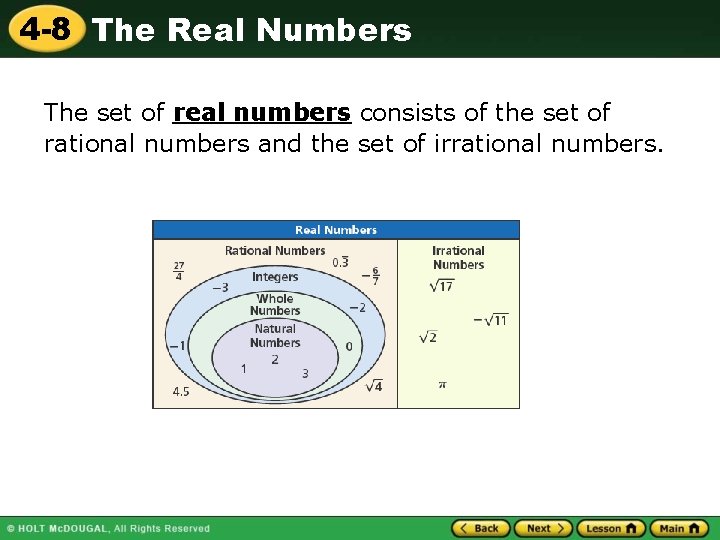 4 -8 The Real Numbers The set of real numbers consists of the set