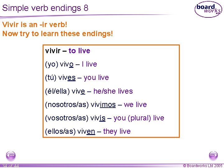 Simple verb endings 8 Vivir is an -ir verb! Now try to learn these