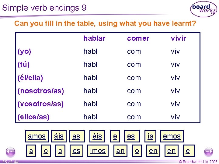 Simple verb endings 9 Can you fill in the table, using what you have