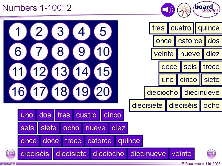 Numbers 1 -100: 2 tres cuatro quince once catorce dos veinte nueve diez doce