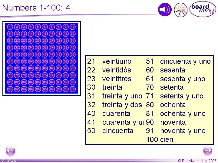 Numbers 1 -100: 4 21 22 23 30 31 32 40 41 50 6