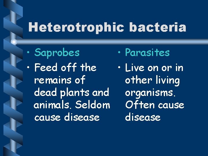 Heterotrophic bacteria • Saprobes • Parasites • Feed off the • Live on or