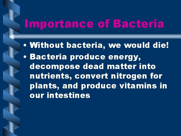 Importance of Bacteria • Without bacteria, we would die! • Bacteria produce energy, decompose