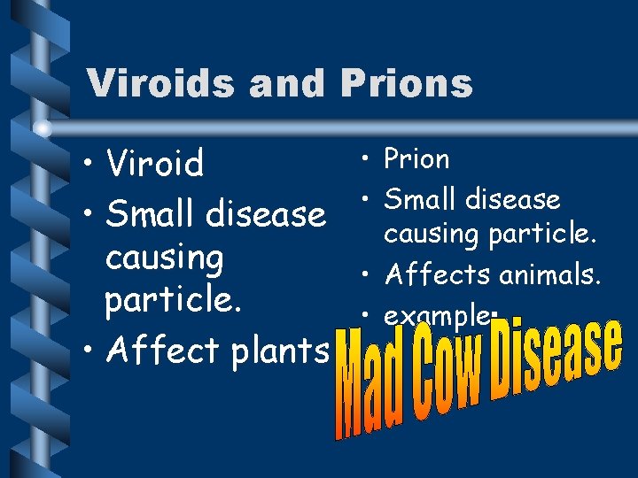 Viroids and Prions • Viroid • Small disease causing particle. • Affect plants •