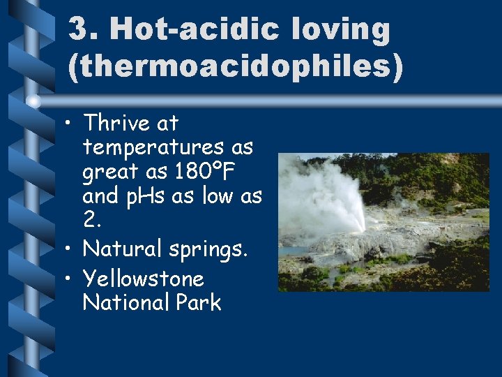 3. Hot-acidic loving (thermoacidophiles) • Thrive at temperatures as great as 180ºF and p.