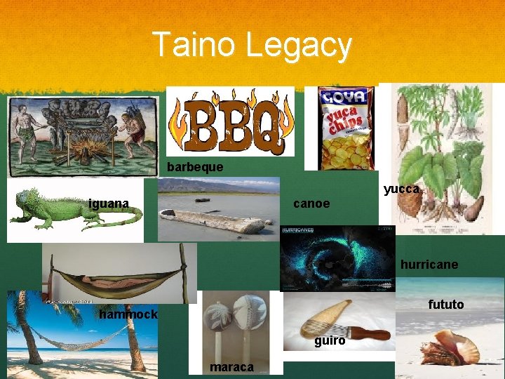 Taino Legacy barbeque yucca iguana canoe hurricane fututo hammock guiro maraca 