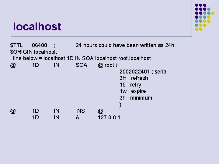 localhost $TTL 86400 ; 24 hours could have been written as 24 h $ORIGIN