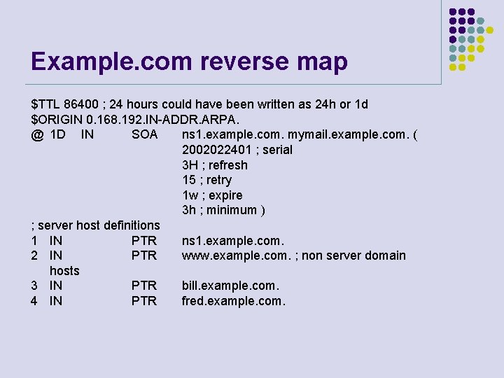 Example. com reverse map $TTL 86400 ; 24 hours could have been written as