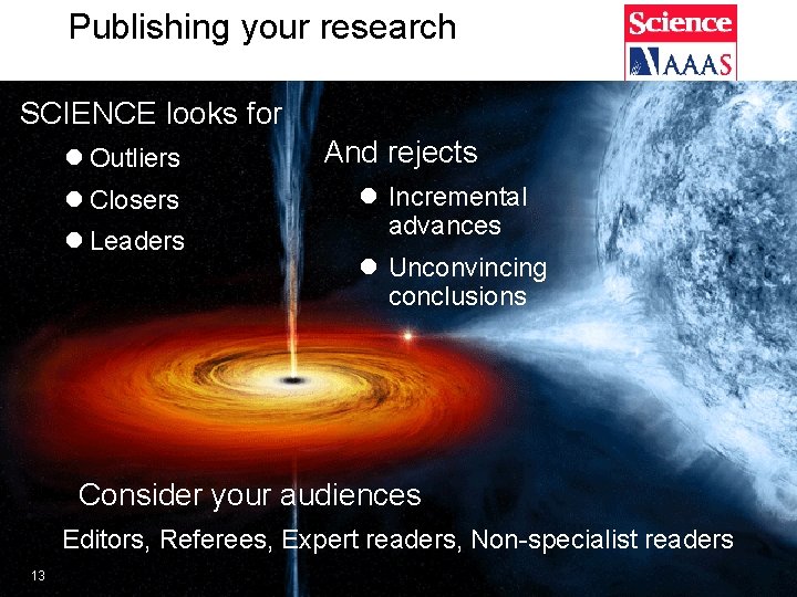 Publishing your research SCIENCE looks for l Outliers l Closers l Leaders And rejects