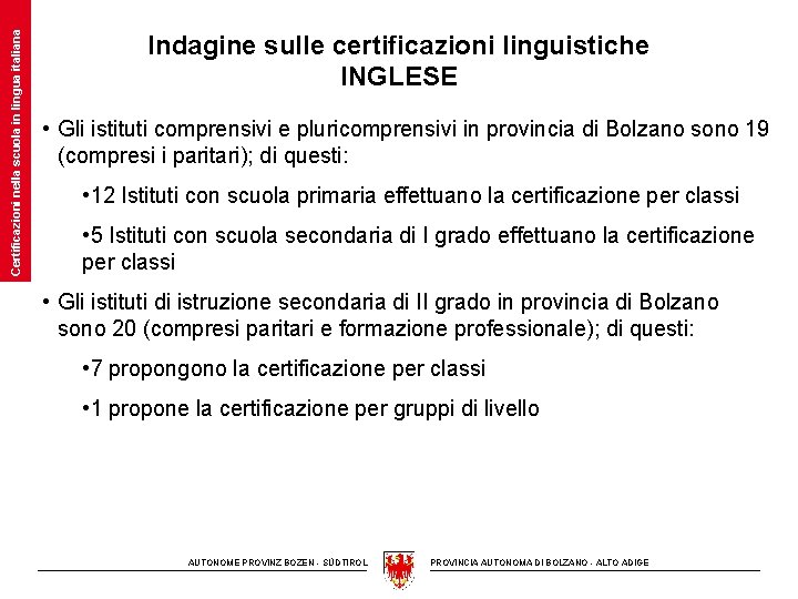 Certificazioni nella scuola in lingua italiana Indagine sulle certificazioni linguistiche INGLESE • Gli istituti