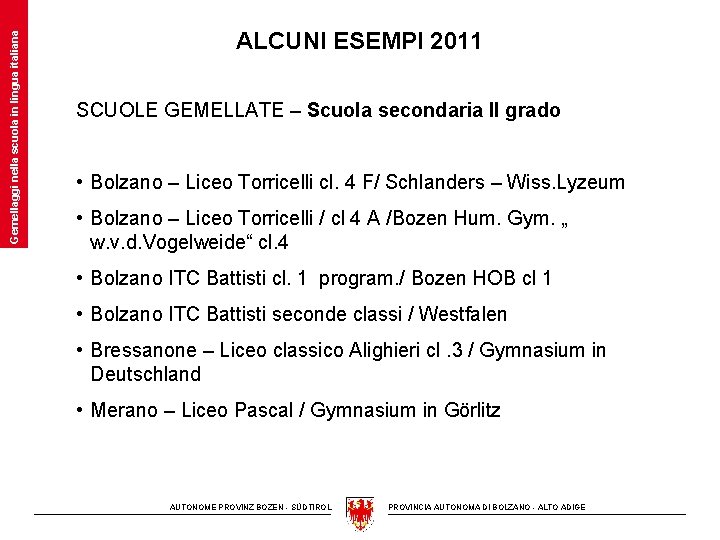 Gemellaggi nella scuola in lingua italiana ALCUNI ESEMPI 2011 SCUOLE GEMELLATE – Scuola secondaria