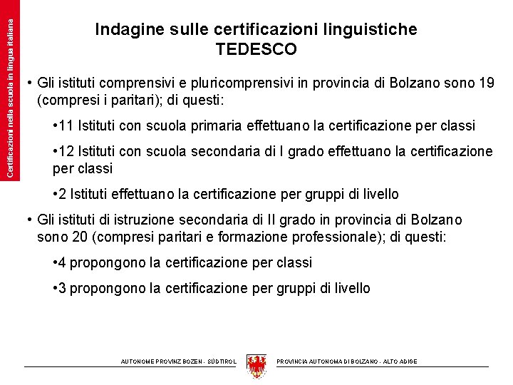 Certificazioni nella scuola in lingua italiana Indagine sulle certificazioni linguistiche TEDESCO • Gli istituti