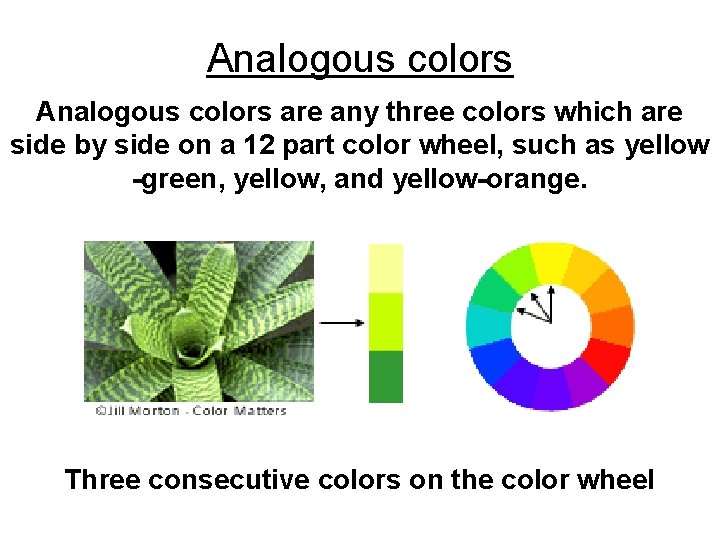 Analogous colors are any three colors which are side by side on a 12