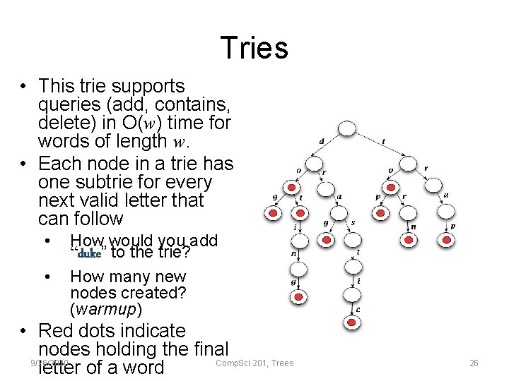 Tries • This trie supports queries (add, contains, delete) in O(w) time for words