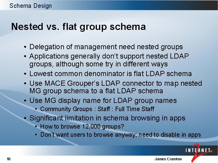 Schema Design Nested vs. flat group schema • Delegation of management need nested groups Schema Design Nested vs. flat group schema • Delegation of management need nested groups