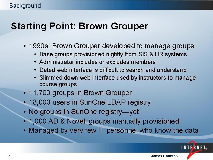 Background Starting Point: Brown Grouper • 1990 s: Brown Grouper developed to manage groups