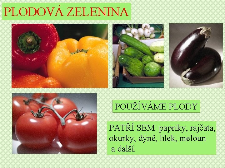 PLODOVÁ ZELENINA POUŽÍVÁME PLODY PATŘÍ SEM: papriky, rajčata, okurky, dýně, lilek, meloun a další.