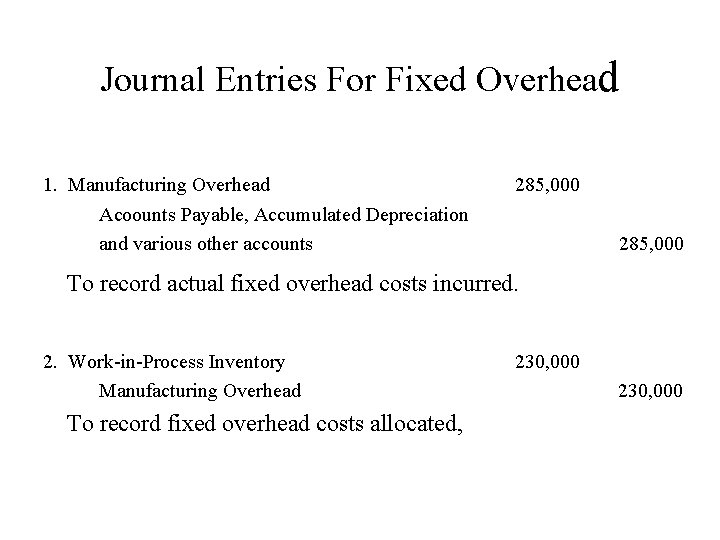 Journal Entries For Fixed Overhead 1. Manufacturing Overhead 285, 000 Acoounts Payable, Accumulated Depreciation