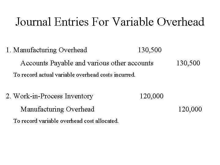 Journal Entries For Variable Overhead 1. Manufacturing Overhead 130, 500 Accounts Payable and various