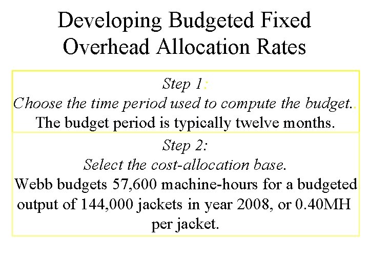 Developing Budgeted Fixed Overhead Allocation Rates Step 1: Choose the time period used to