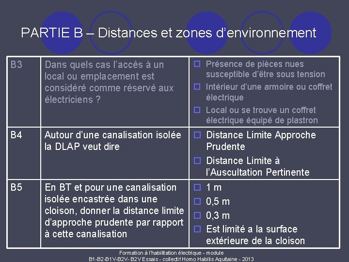 PARTIE B – Distances et zones d’environnement Présence de pièces nues susceptible d’être sous