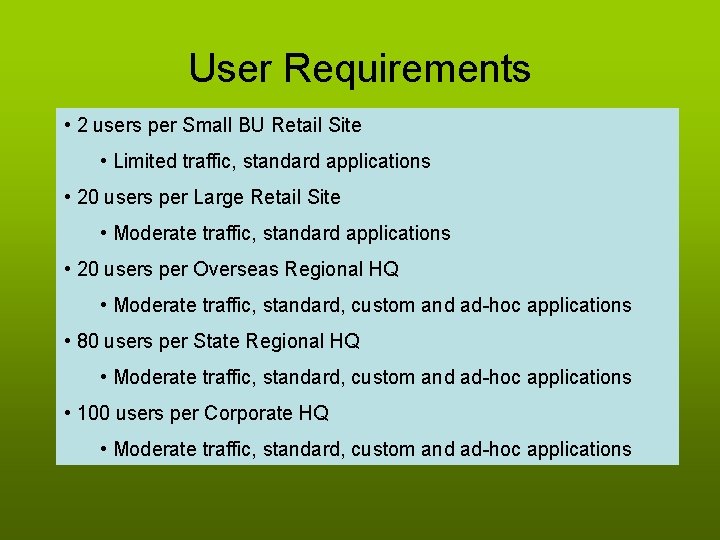 User Requirements • 2 users per Small BU Retail Site • Limited traffic, standard