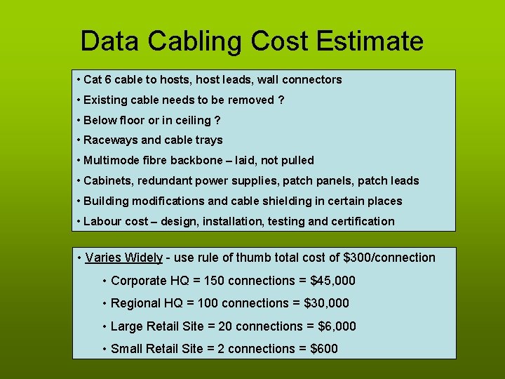 Data Cabling Cost Estimate • Cat 6 cable to hosts, host leads, wall connectors