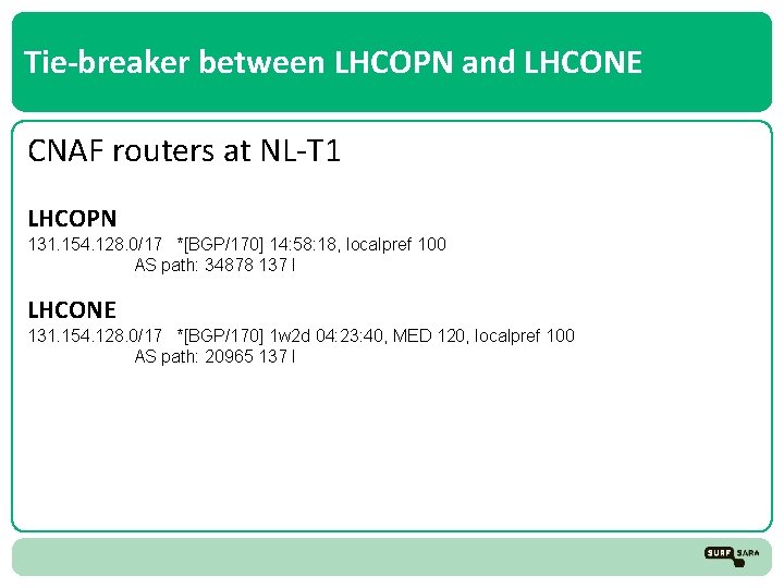 Tie-breaker between LHCOPN and LHCONE CNAF routers at NL-T 1 LHCOPN 131. 154. 128.