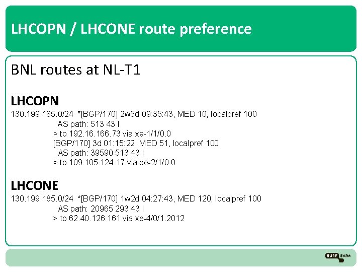 LHCOPN / LHCONE route preference BNL routes at NL-T 1 LHCOPN 130. 199. 185.