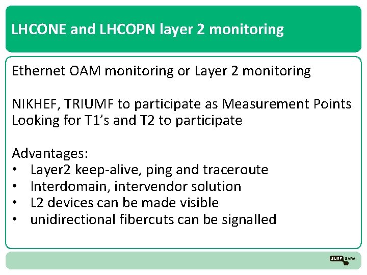 LHCONE and LHCOPN layer 2 monitoring Ethernet OAM monitoring or Layer 2 monitoring NIKHEF,