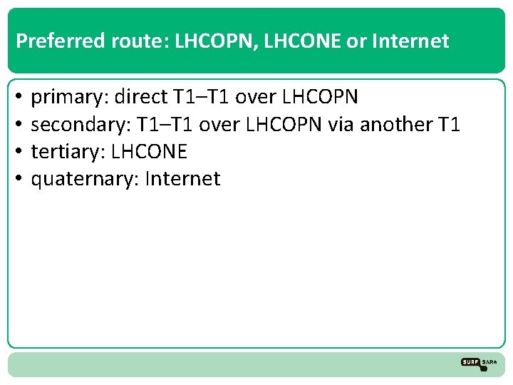 Preferred route: LHCOPN, LHCONE or Internet • • primary: direct T 1–T 1 over