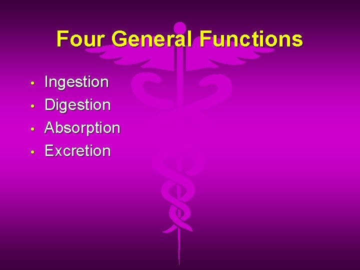 Four General Functions • • Ingestion Digestion Absorption Excretion 