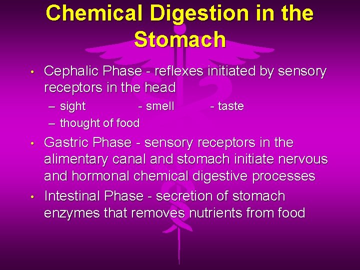 Chemical Digestion in the Stomach • Cephalic Phase - reflexes initiated by sensory receptors