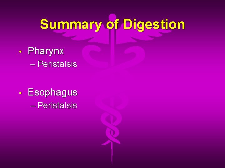 Summary of Digestion • Pharynx – Peristalsis • Esophagus – Peristalsis 