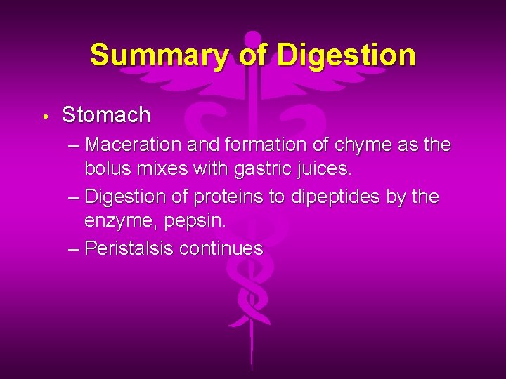 Summary of Digestion • Stomach – Maceration and formation of chyme as the bolus