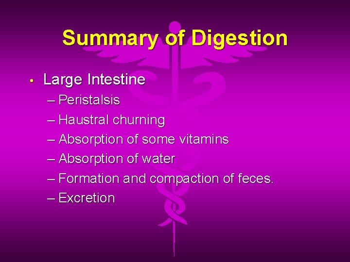 Summary of Digestion • Large Intestine – Peristalsis – Haustral churning – Absorption of