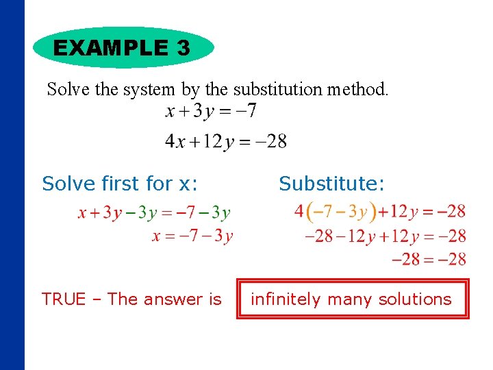 EXAMPLE 3 Solve the system by the substitution method. Solve first for x: TRUE