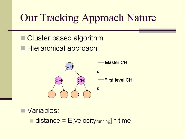 Our Tracking Approach Nature n Cluster based algorithm n Hierarchical approach Master CH CH