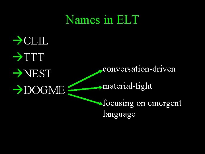 Names in ELT CLIL TTT NEST DOGME conversation-driven material-light focusing on emergent language 