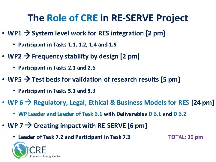 The Role of CRE in RE-SERVE Project • WP 1 System level work for