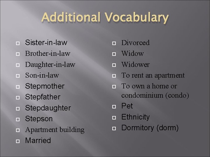 Additional Vocabulary Sister-in-law Brother-in-law Daughter-in-law Son-in-law Stepmother Stepfather Stepdaughter Stepson Apartment building Married Divorced