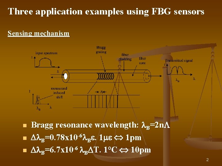 Three application examples using FBG sensors Sensing mechanism n n n Bragg resonance wavelength: