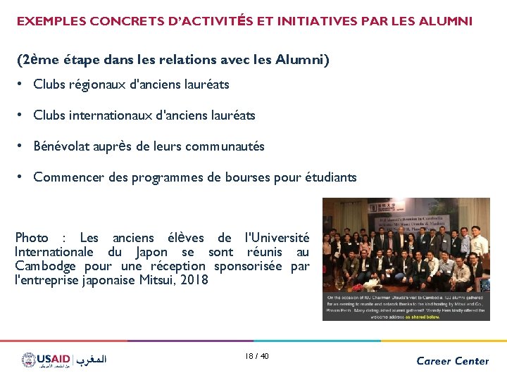 EXEMPLES CONCRETS D’ACTIVITÉS ET INITIATIVES PAR LES ALUMNI (2ème étape dans les relations avec