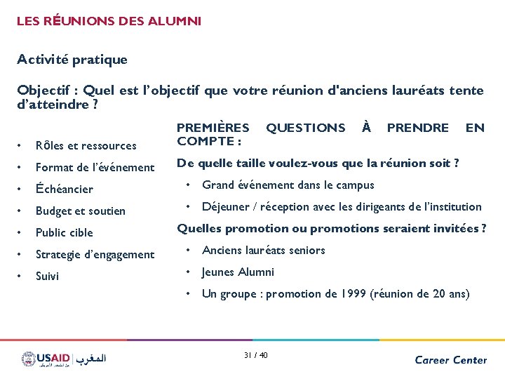 LES RÉUNIONS DES ALUMNI Activité pratique Objectif : Quel est l’objectif que votre réunion