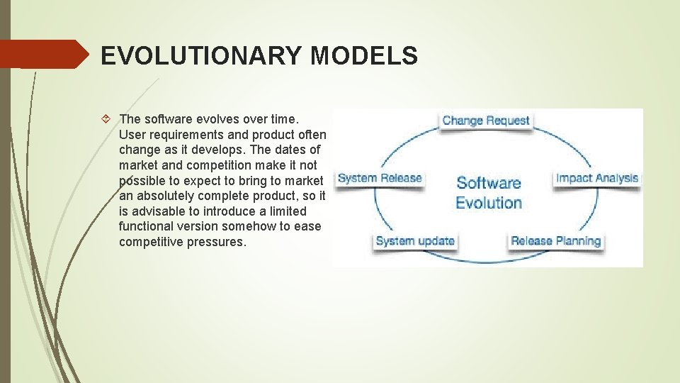 EVOLUTIONARY MODELS The software evolves over time. User requirements and product often change as