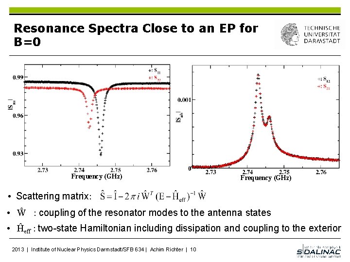 Resonance Spectra Close to an EP for B=0 Frequency (GHz) • Scattering matrix: •