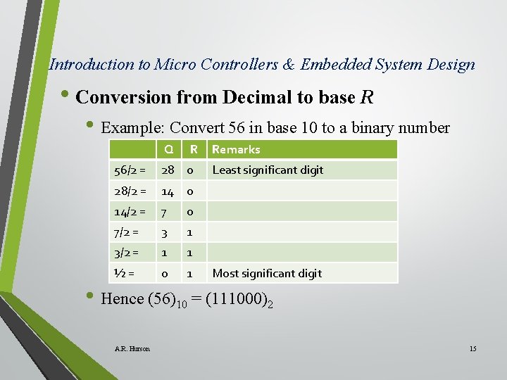 Introduction to Micro Controllers & Embedded System Design • Conversion from Decimal to base