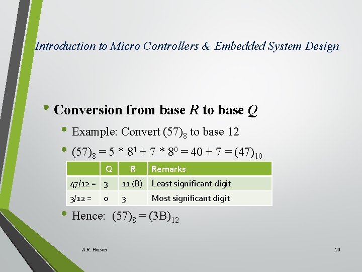 Introduction to Micro Controllers & Embedded System Design • Conversion from base R to