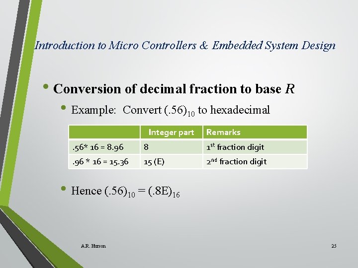 Introduction to Micro Controllers & Embedded System Design • Conversion of decimal fraction to