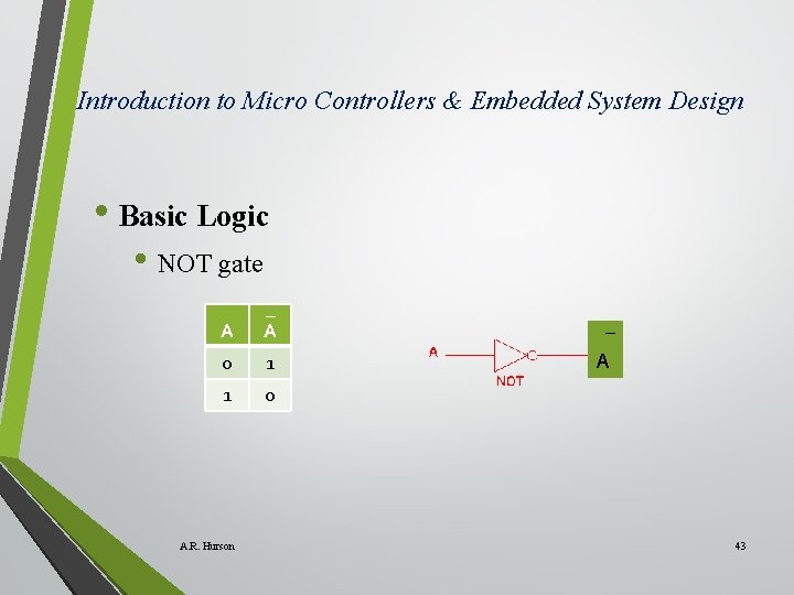 Introduction to Micro Controllers & Embedded System Design • Basic Logic • NOT gate